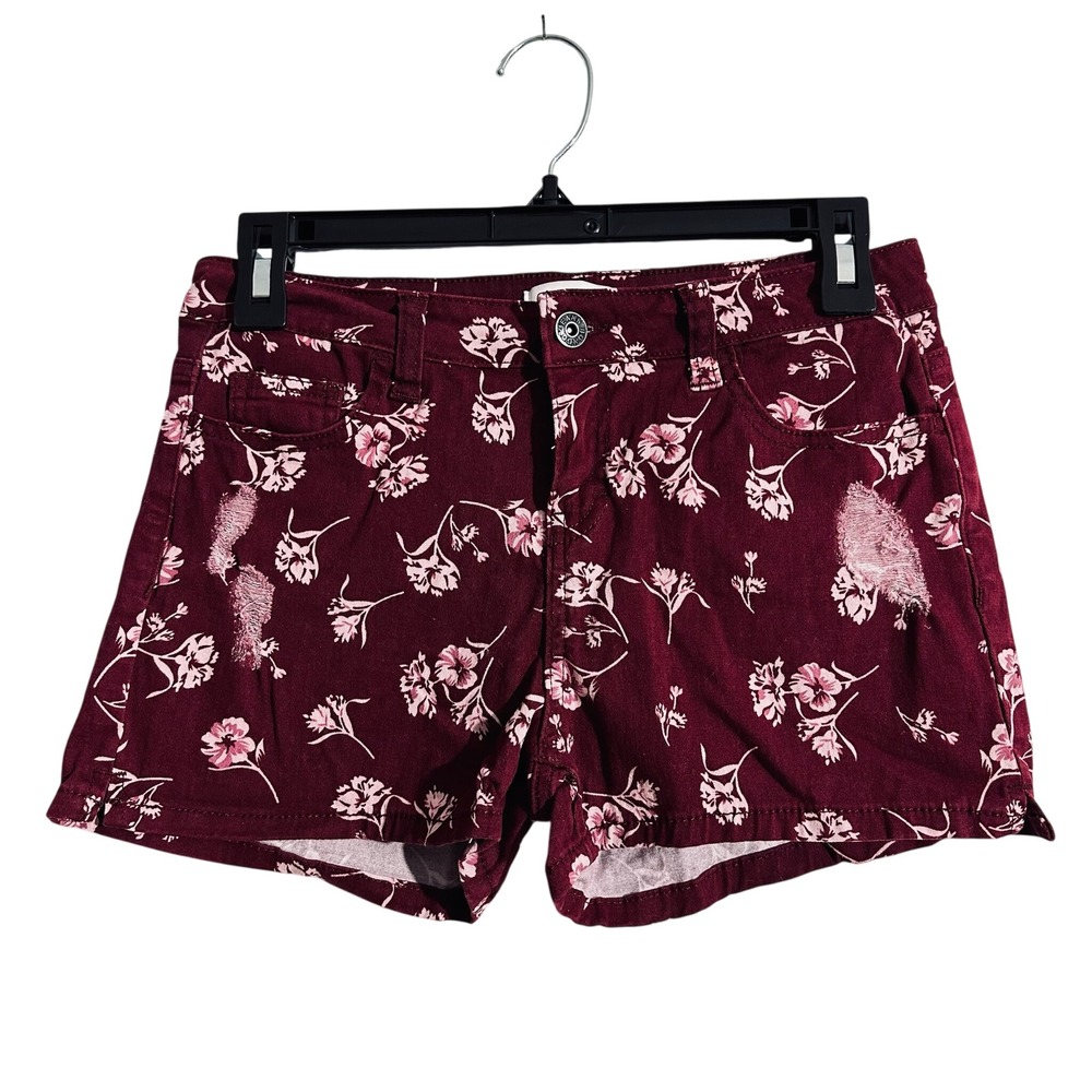 Bongo Women Floral Distressed Denim‎ Shorts Burgundy Pink Size 7